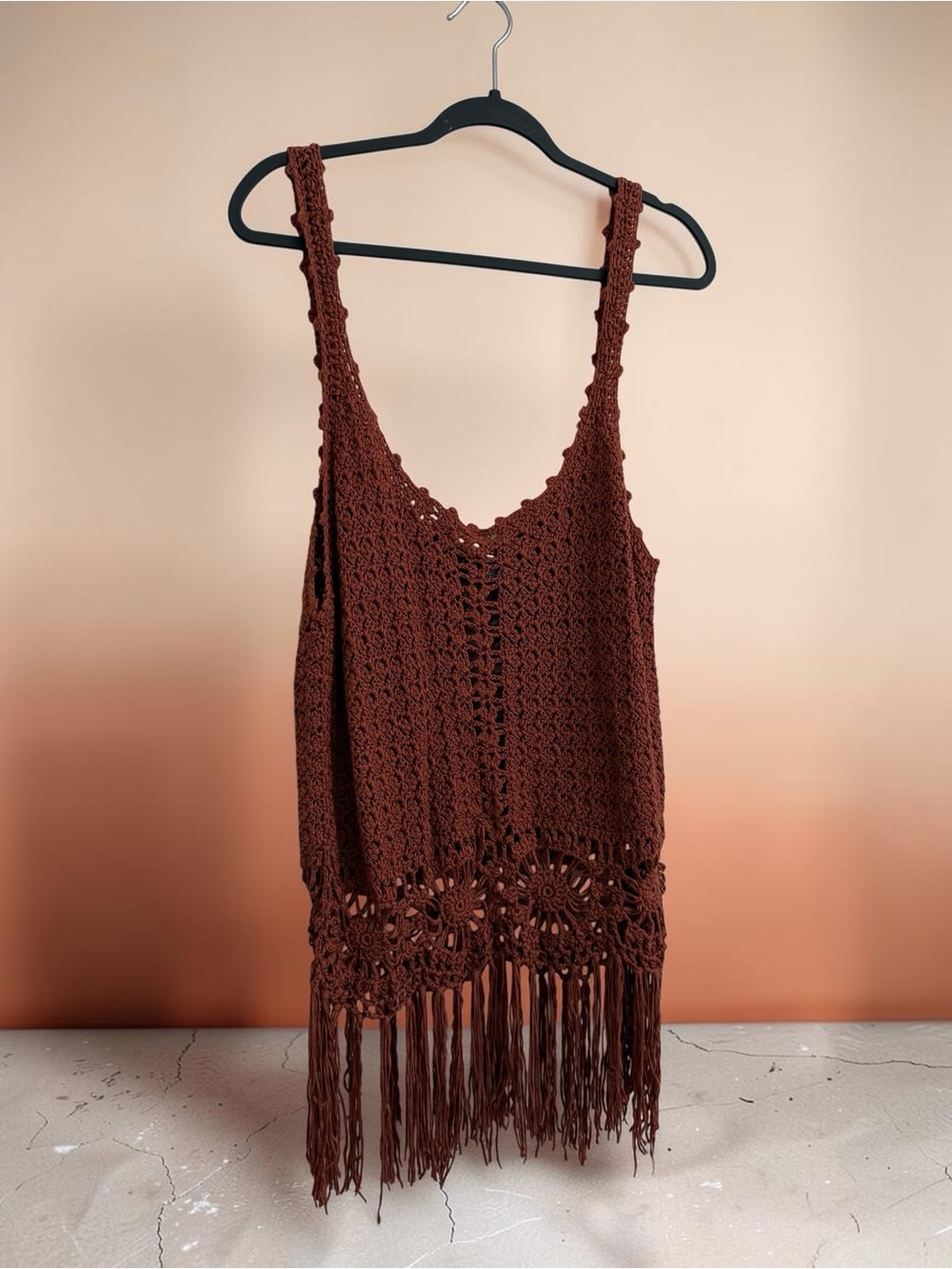 Daytrip Crochet Fringe Tank Top in Rust Brown - Picture 2 of 6